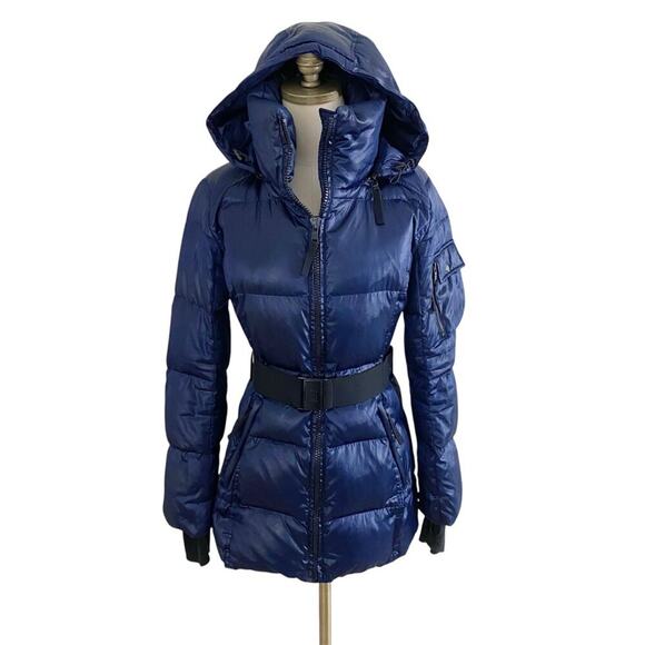 S13 NYC Navy Blue Satin Down Fill Parka XS Zip Up Belted Waist Removable Hood - Picture 1 of 8